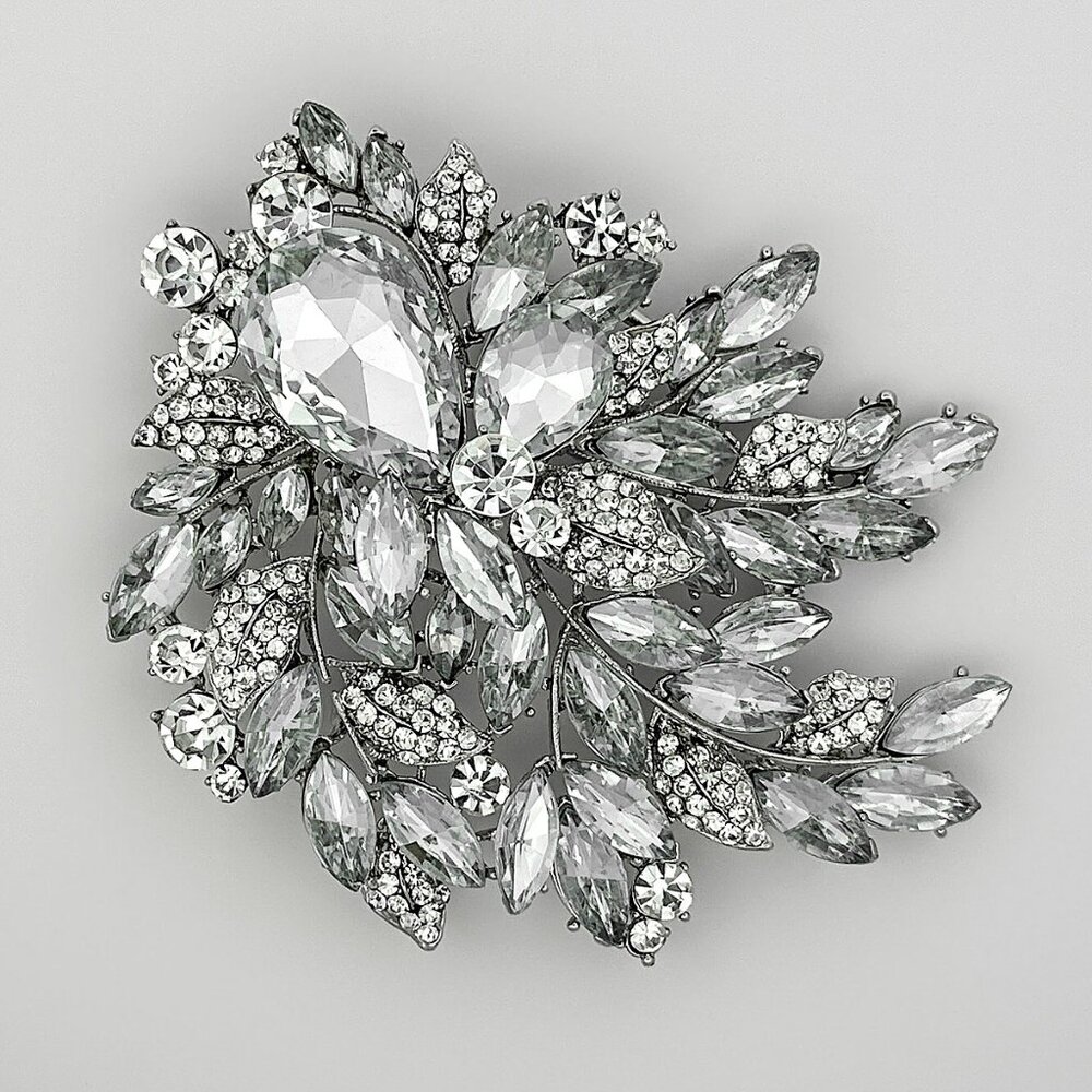 Rhinestone Crystal Brooch | Silver Tone Statement Pin | Teardrop Marquise